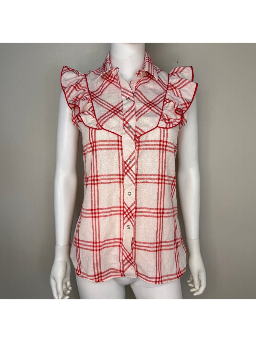 Vintage 1980s/90s White and Red Plaid Sleeveless Western Blouse, Ruffles, Karman